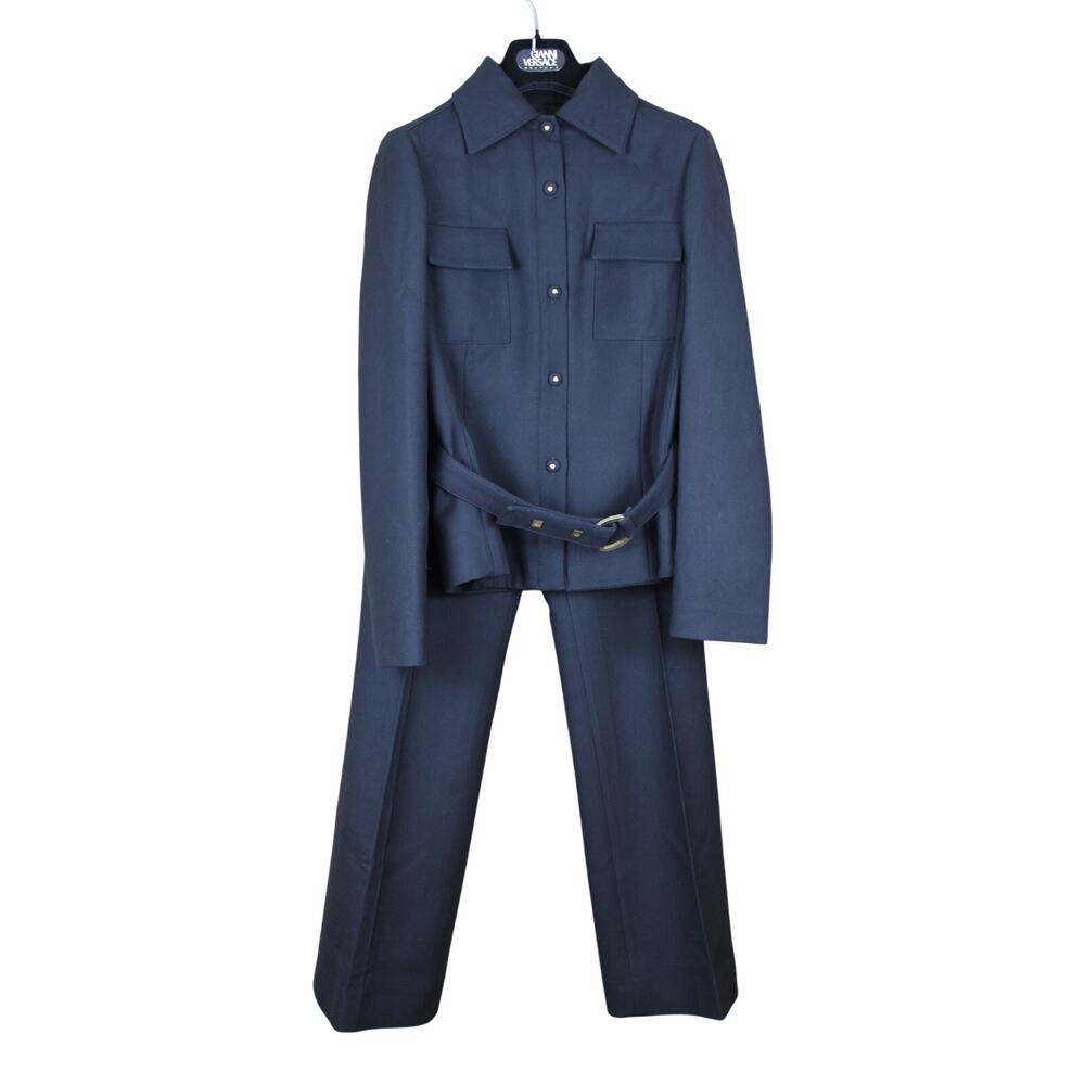 Gianni Versace Couture Black Wool 2 Piece Belted Pant Suit Gold‎ Accents Size 38
